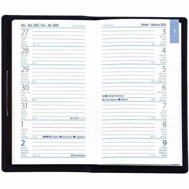 Taschenplaner "Exquisit" im Format 9,5 x 16 cm, Kalendarium 4-sprachig D/F/I/GB Grau/Blau, 64 Seiten gebunden + 16 Seiten ABC-Heft, eingesteckt in PVC-Hülle schwarz