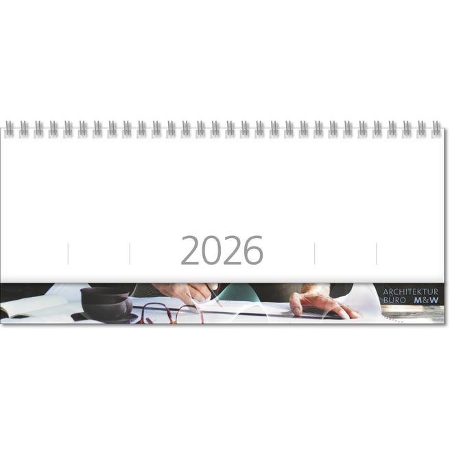 Schreibtischquerkalender "Premium" mit überstehender Kartonrückwand im Format 30,5 x 13,5 cm, mit Registerschnitt
