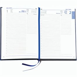 Buchkalender "Daily Chefkalender INT" im Format 14,5 x 20,5 cm, Kalendarium 4-sprachig D/F/I/GB Grau/Blau mit 2 Lesebändern, 416 Seiten Fadenheftung, Eckenperforation, Einband Slinky schwarz