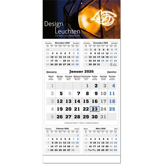 Fünf-Monats-Planer "Classic times 5" im Format 30 x 63 cm, grau/blau, Datumsweiser blau umgelegt, mit Fußleiste (Bild 1)