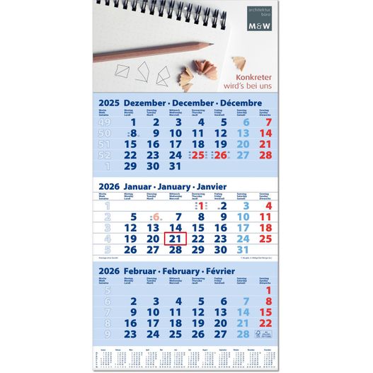 Drei-Monats-Planer "Trio" im Format 30 x 60 cm, blau, Datumsweiser umgelegt (Bild 1)