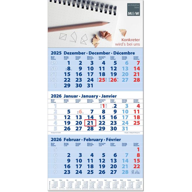 Drei-Monats-Planer "Trio" im Format 30 x 60 cm, blau, Datumsweiser umgelegt