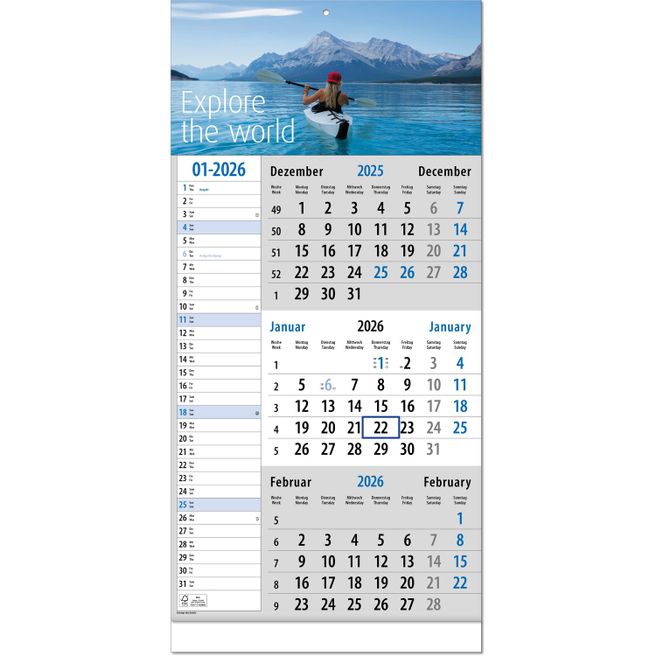 Drei-Monats-Planer "Trio Plus" mit verlängerter Rückwand im Format 30 x 63 cm, blauer Datumsweiser umgelegt