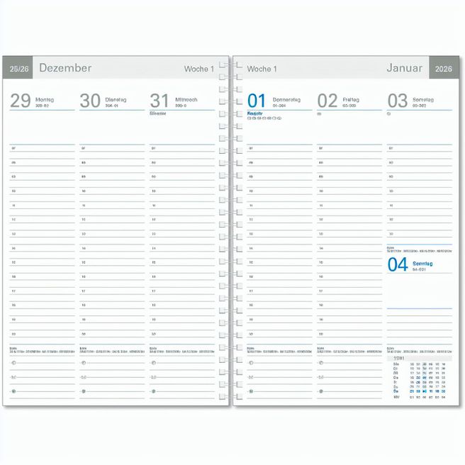 Wochentimer "Luxus" im Format 17 x 25 cm, deutsche Version, 128 Seiten, Wire-O-Bindung, ohne Eckenperforation, PP-Einband mittelblau