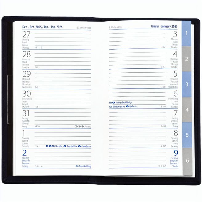 Taschenplaner "Exquisit Register INT" im Format 9,5 x 16 cm, Kalendarium 4-sprachig D/F/I/GB Grau/Blau mit Registerstanzung, 64 Seiten gebunden + 16 Seiten Adressheft Register, eingesteckt in PVC-Hülle schwarz