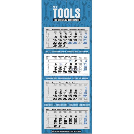 4-Monatsplaner "Ocean-4" mit deutsch-mehrsprachigem Kalendarium im Format 33 x 87,5 cm, grau/blau (Bild 1)