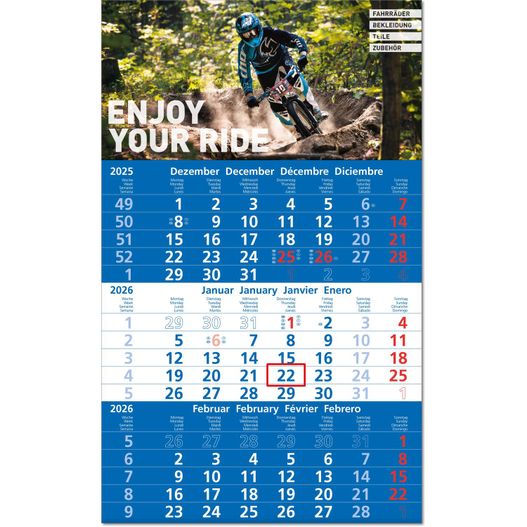 Produktabbildung Drei-Monats-Planer "Hit" im Format 30 x 49 cm, blau PT 286, Datumsweiser umgelegt Drei-Monats-Planer "Hit" im Format 30 x 49 cm, blau PT 286, Datumsweiser umgelegt (Bild 1)