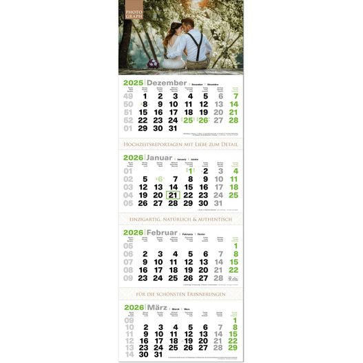 Produktabbildung 4-Monats-Kalender "Green4" mit deutsch-mehrsprachigem Kalendarium im Format 34 x 98,8 cm 4-Monats-Kalender "Green4" mit deutsch-mehrsprachigem Kalendarium im Format 34 x 98,8 cm (Bild 1)