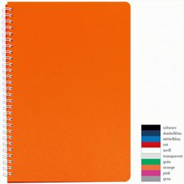 Wochentimer 'Luxus' im Format 170 x 250 mm, 128 Seiten, oranger PP-Einband, Wire-O gebunden, deutsche Version, ohne Eckenperforation. FSC zertifiziert.