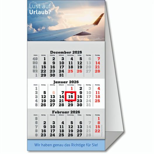 Tischaufstellkalender "Classic-Desk" im Format 9,5 x 18,4 cm (montiert), grau, deutsches Kalendarium, Datumsweiser umgelegt (Bild 1)