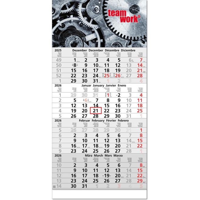 Vier-Monats-Planer "Tetra" mit verlängerter Rückwand im Format 30 x 63 cm, Datumsweiser umgelegt
