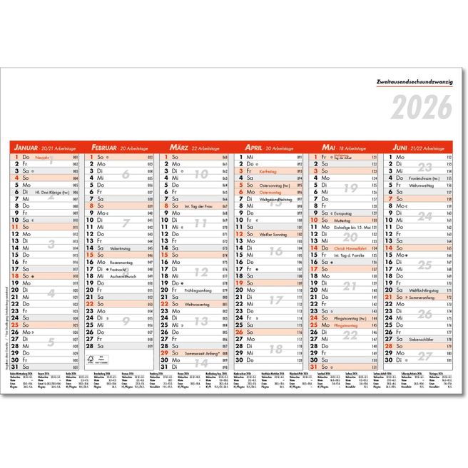 Tafelkalender im Format DIN A4, 29,7 x 21 cm, Kalendarium in rot/schwarz