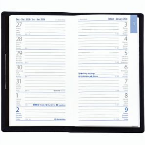 Taschenplaner "Exquisit" im Format 9,5 x 16 cm, Kalendarium 4-sprachig D/F/I/GB Grau/Blau, 64 Seiten gebunden + 16 Seiten ABC-Heft, eingesteckt in Slinky-Hülle schwarz