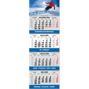 Vier-Monats-Planer "Fold-4" mit deutsch-mehrsprachiges Kalendarium,dreifacher Wire-O Bindung und Fußleiste, im Format 34 x 99,2 cm, grau,Datumsweiser umgelegt