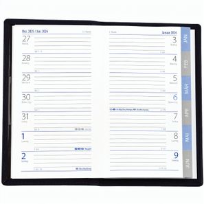 Taschenplaner "Exquisit Register" im Format 9,5 x 16 cm, deutsches Kalendarium Grau/Blau mit Registerstanzung, 64 Seiten gebunden + 16 Seiten Adressheft Register, eingesteckt in PVC-Hülle schwarz