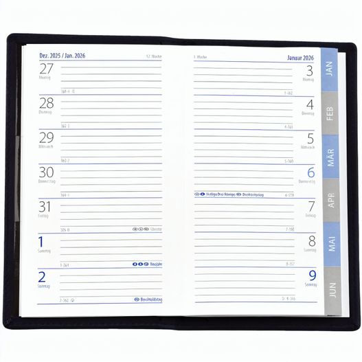 Taschenplaner "Exquisit Register" im Format 9,5 x 16 cm, deutsches Kalendarium Grau/Blau mit Registerstanzung, 64 Seiten gebunden + 16 Seiten Adressheft Register, eingesteckt in PVC-Hülle schwarz (Bild 1)
