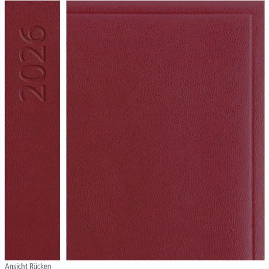 Buchkalender "Daily Chefkalender Register INT" im Format 14,5 x 20,5 cm, Kalendarium 4-sprachig D/F/I/GB Grau/Blau mit 2 Lesebändern und Registerstanzung, 416 Seiten Fadenheftung, Eckenperforation, Einband Balacron burgund (Bild 1)