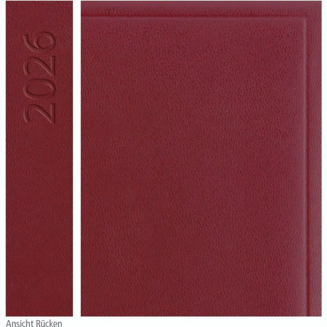 Buchkalender "Basic Chefkalender" im Format 14,5 x 20,5 cm, deutsches Kalendarium Grau mit Leseband, 320 Seiten Fadenheftung, Eckenperforation, Einband Balacron burgund