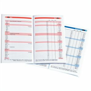 Taschenkalender "Typus" im Format 9,5 x 16 cm, Kalendarium Blau/Schwarz, 48 Seiten gebunden, eingesteckt in Slinky-Hülle rot