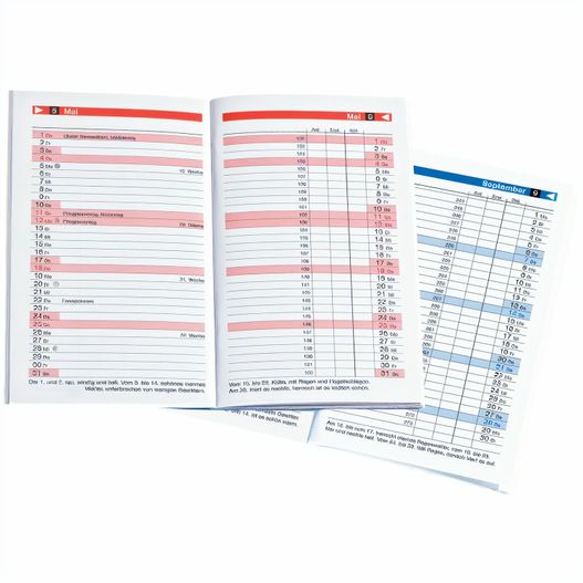 Taschenkalender "Typus" im Format 9,5 x 16 cm, Kalendarium Blau/Schwarz, 48 Seiten gebunden, eingesteckt in Slinky-Hülle rot (Bild 1)