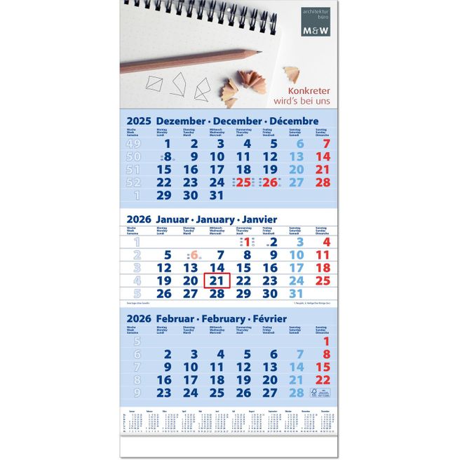 Drei-Monats-Planer "Trio" mit Fußleiste im Format 30 x 63 cm, blau, Datumsweiser umgelegt