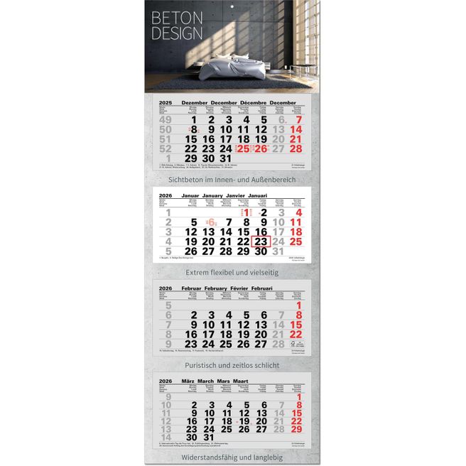 Produktabbildung 4-Monatsplaner "Junior-4" mit deutsch-mehrsprachigem Kalendarium im Format 33 x 87,5 cm, grau 4-Monatsplaner "Junior-4" mit deutsch-mehrsprachigem Kalendarium im Format 33 x 87,5 cm, grau