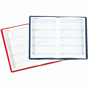 Taschenkalender "Status" im Format 9,5 x 16 cm, Kalendarium Grau/Blau, 32 Seiten gebunden + 16 Seiten ABC-Heft, eingesteckt in Slinky-Hülle rot