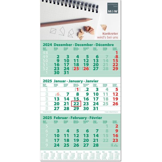 Drei-Monats-Planer "Trio" im Format 30 x 60 cm, grün, Datumsweiser umgelegt (Bild 1)