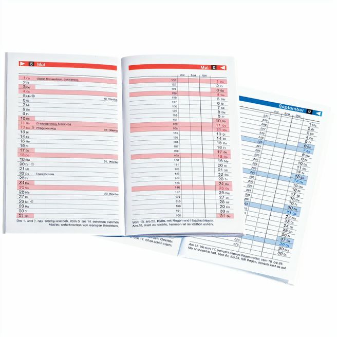 Taschenkalender "Typus" im Format 9,5 x 16 cm, Kalendarium Blau/Schwarz, 48 Seiten gebunden, eingesteckt in Slinky-Hülle mittelblau