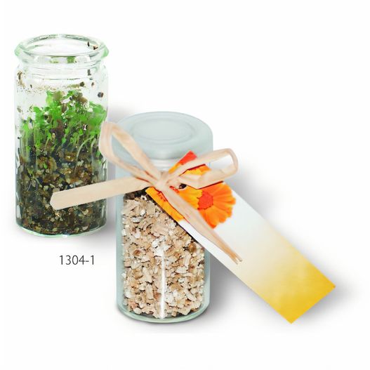ein glas essen mit einem holzlöffel und einem tag Mini-Glasshouse Ringelblume (Bild 1)