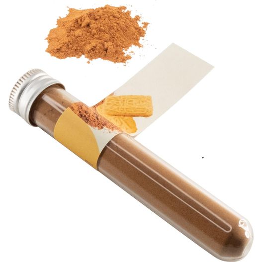 ein rohr aus braun gefärbtem pulver neben einem cracker Reagenzglas Spekulatiusgewürz (Bild 1)