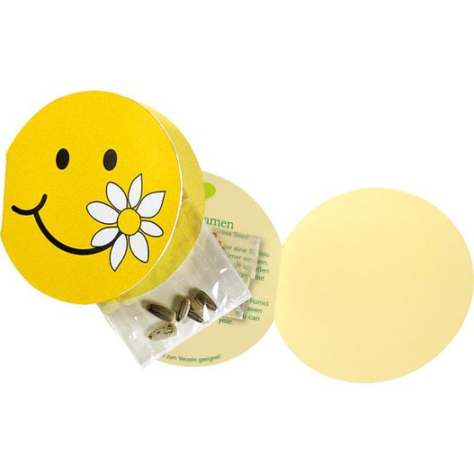 ein gelber lächelnder gesichtsbehälter mit einer blume darauf Klappkärtchen Smile (Bild 1)