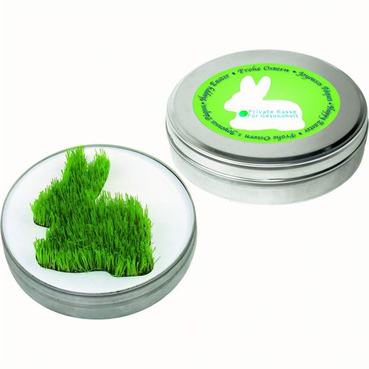 ein zinn von gras mit einem kleinen kaninchen darin Wachsender Hase aus der Dose (Bild 1)