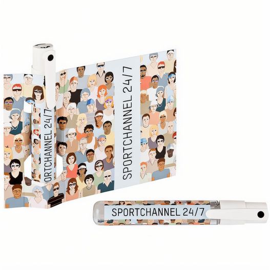 ein stift und ein buch mit einem cartoonbild von menschen PocketCard - Individuell bedruckte Karte mit Handdesinfektionsspray SaniStick (Bild 1)