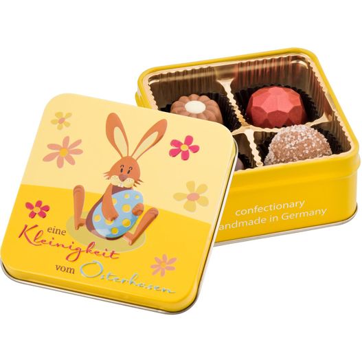 eine dose schokolade mit einem hasen darauf Geschenkartikel / Präsentartikel: Kleinigkeit vom Osterhasen - Pralinen 50 g (Bild 1)