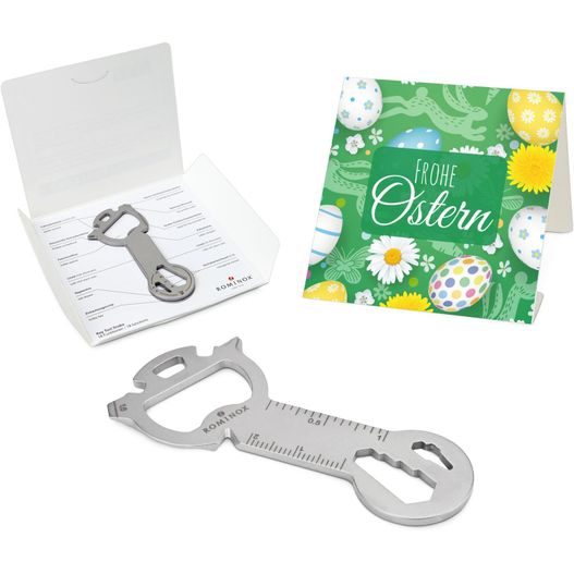 ein flaschenöffner und eine karte mit einem bild einer blume ROMINOX® Key Tool Snake (18 Funktionen) Frohe Ostern (Bild 1)