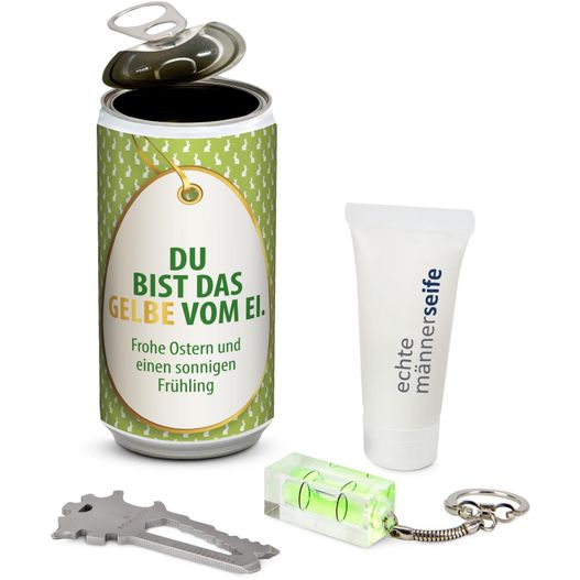 ein bier mit schlüsselanhänger und flaschenöffner Geschenkset / Präsenteset: Männer-Geheimnis Ostern - Etikett Du bist das Gelbe vom Ei (Bild 1)