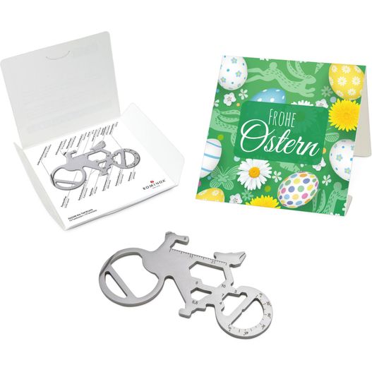 eine box mit einem fahrradförmigen flaschenöffner und einer karte ROMINOX® Key Tool Bicycle (19 Funktionen) Frohe Ostern (Bild 1)