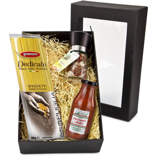 eine schachtel mit einer flasche sauce und einem paket senf Geschenkset / Präsenteset: Spaghetti italiano (Bild 1)