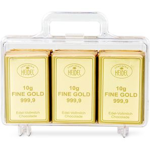 Geschenkartikel: Goldkoffer mit 12 Goldbarren, Edelvollmilch-Schokolade (120 g)