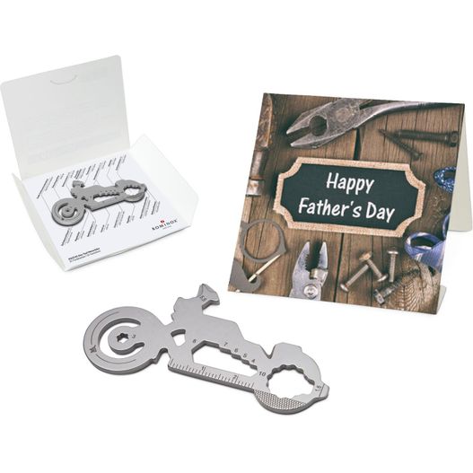 eine karte mit einem flaschenöffner und einer karte mit einem motorradbild ROMINOX® Key Tool Motorbike (21 Funktionen) Happy Father's Day (Bild 1)