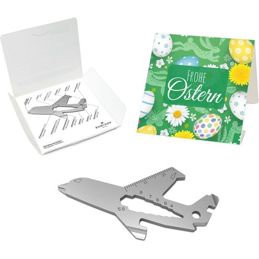 eine box mit einem zangenpaar und einer karte ROMINOX® Key Tool Airplane (18 Funktionen) Frohe Ostern (Bild 1)