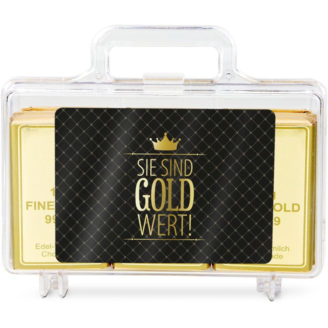 Produktabbildung Geschenkartikel: Sie sind Gold wert - Goldkoffer mit 12 Schokoladen Goldbarren (120 g) Geschenkartikel: Sie sind Gold wert - Goldkoffer mit 12 Schokoladen Goldbarren (120 g)