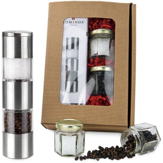 eine box mit einer pfeffermühle und salzschüttler Geschenkset / Präsenteset: Variation von Salz & Pfeffer (Bild 1)