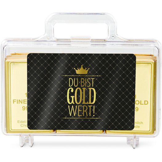 Produktabbildung Geschenkartikel: Du bist Gold wert - Goldkoffer mit 12 Schokoladen Goldbarren (120 g) Geschenkartikel: Du bist Gold wert - Goldkoffer mit 12 Schokoladen Goldbarren (120 g) (Bild 1)