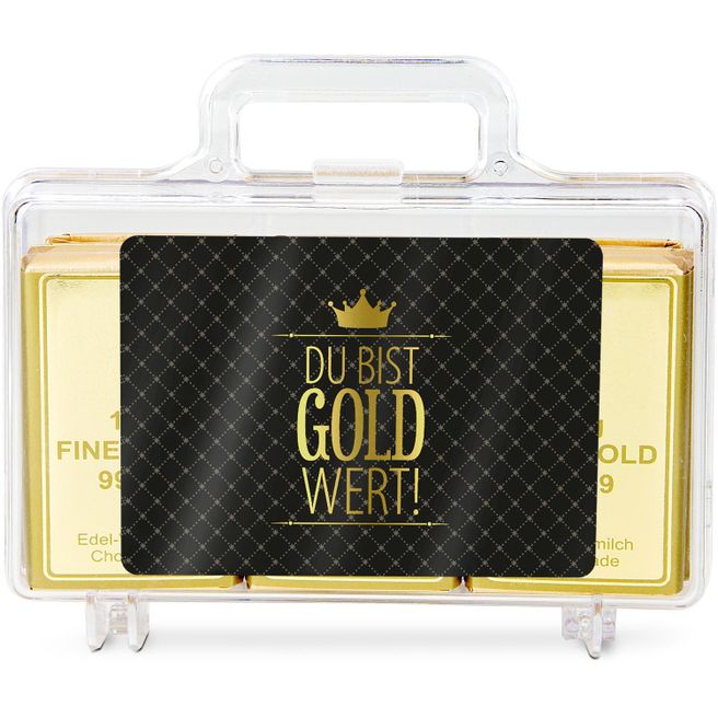 Produktabbildung Geschenkartikel: Du bist Gold wert - Goldkoffer mit 12 Schokoladen Goldbarren (120 g) Geschenkartikel: Du bist Gold wert - Goldkoffer mit 12 Schokoladen Goldbarren (120 g)