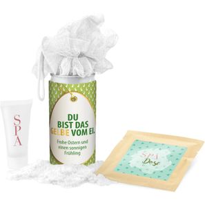 Geschenkset / Präsenteset: SPA Dose Ostern - Etikett Du bist das Gelbe vom Ei