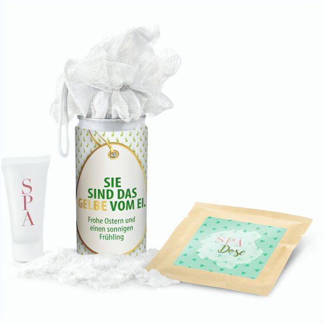 Geschenkset / Präsenteset: SPA Dose Ostern - Etikett Sie sind das Gelbe vom Ei