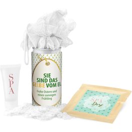 Geschenkset / Präsenteset: SPA Dose Ostern - Etikett Sie sind das Gelbe vom Ei