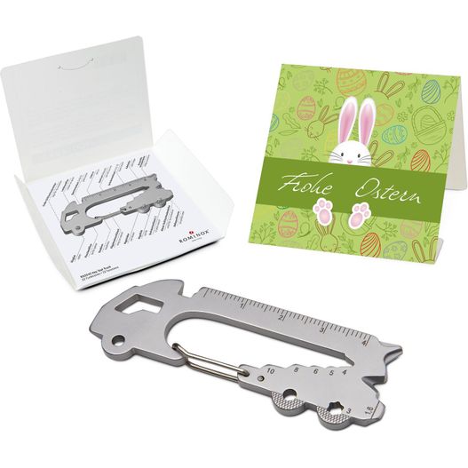 eine box mit einem scherenpaar und einer karte ROMINOX® Key Tool Truck (22 Funktionen) Frohe Ostern Hase (Bild 1)